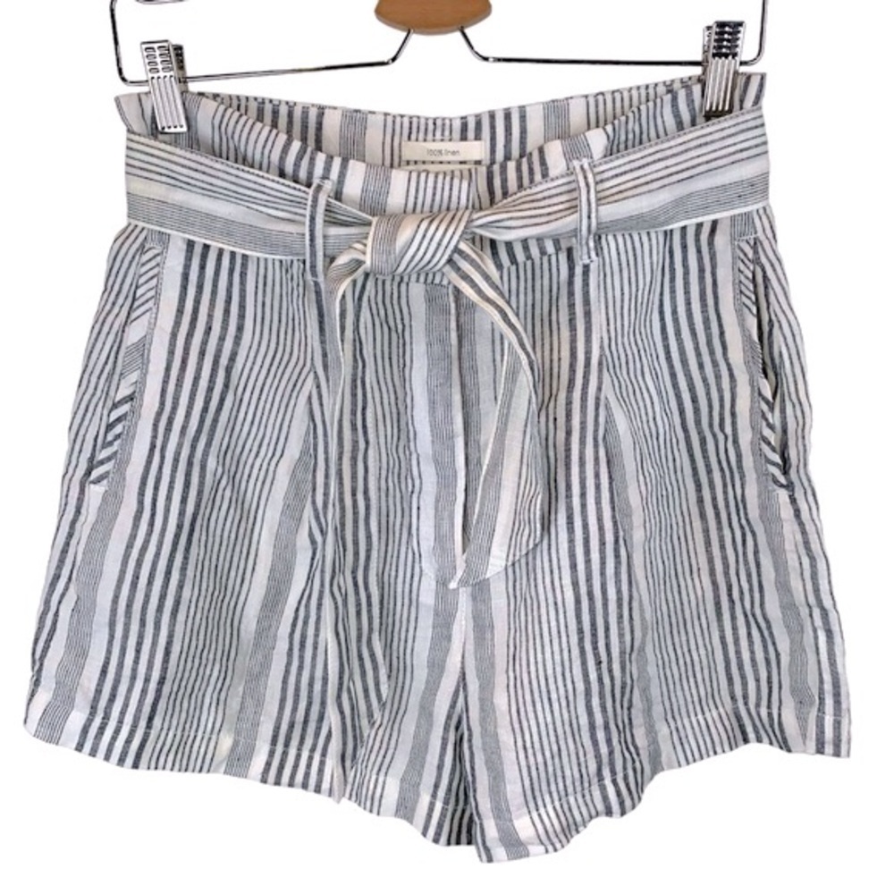 C&C California sz 6 White Navy Striped High Waist Linen Shorts Sash Belt